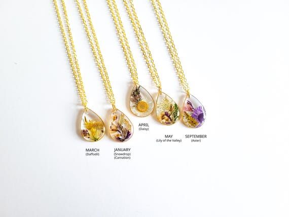 Birth Month Flower Necklace, Teardrop Resin P...