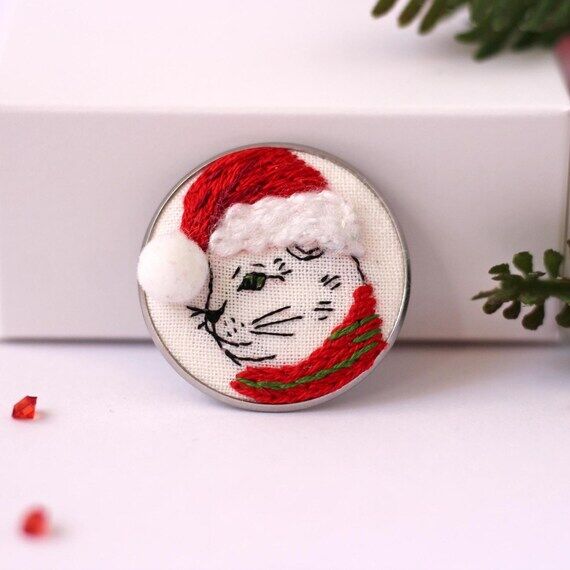Embroidered Christmas Cat Brooch, Adorable Ca...