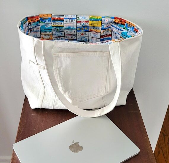 Denim Market Tote, Handmade, Upcycled Wheat J...