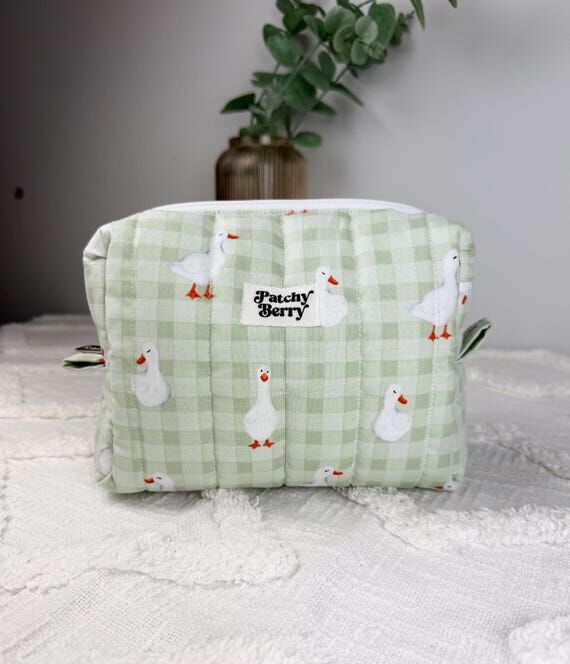 Goose Quilted Makeup Bag | Handmade Gingham C...