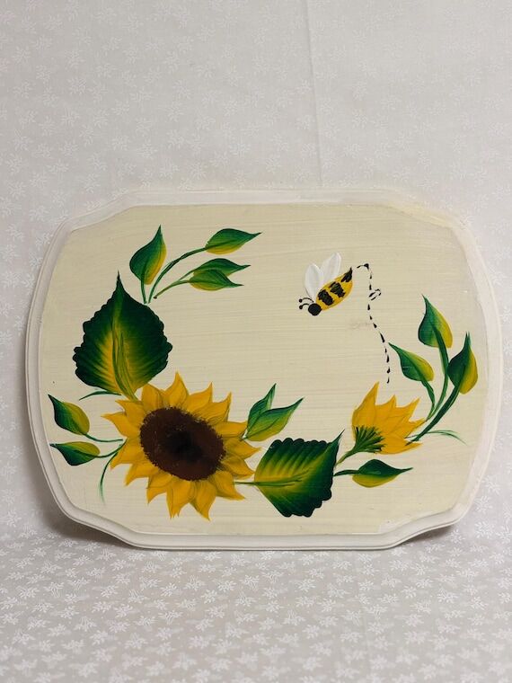 Hand Painted Wooden Plaque: Sunflower & Bee D...