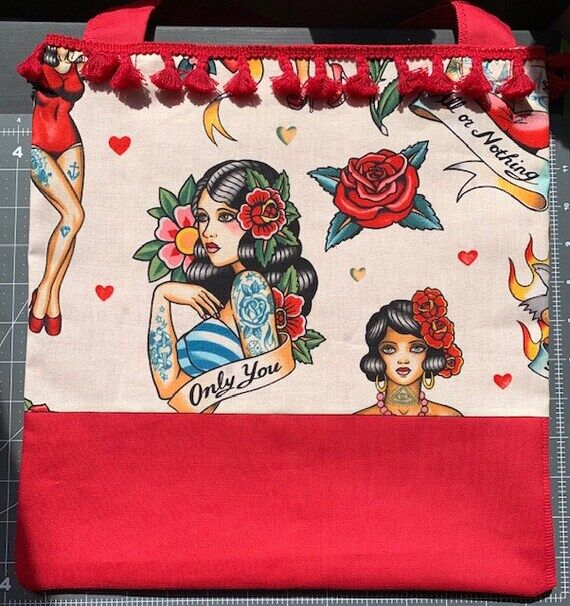 Handmade Pin-Up Tattoo Flash Tote with Tassel...