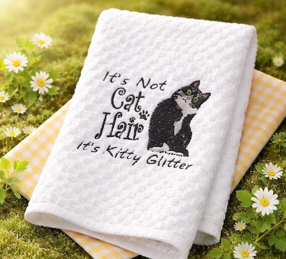 Cat Kitchen Towel with Funny Cat Print, Embro...