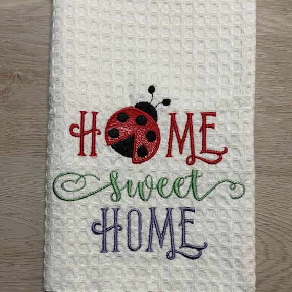 Embroidered Tea Towel: Ladybug Home Sweet Hom...