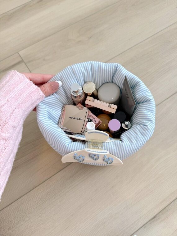 Blue Striped Cotton Makeup Organizer – Hand...