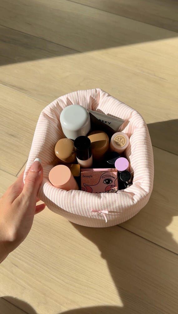 Handmade Pink Striped Cotton Makeup Organizer...