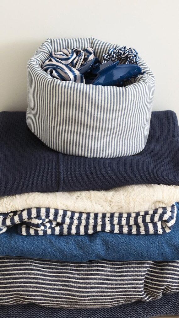Navy Ticking Stripe Puff Organizer Basket | C...