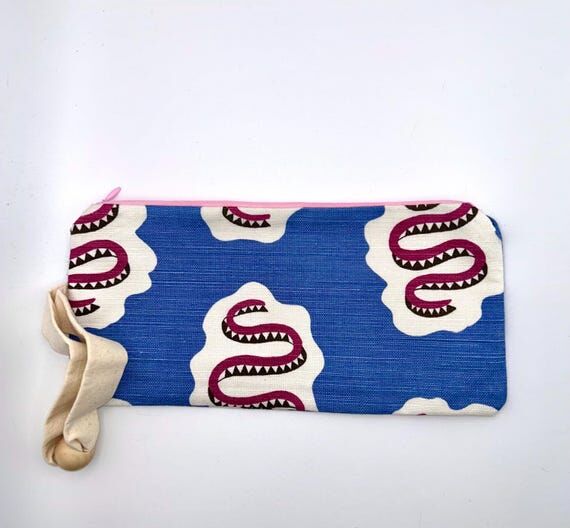 Blue Snake Wristlet: Handmade Cotton Canvas C...