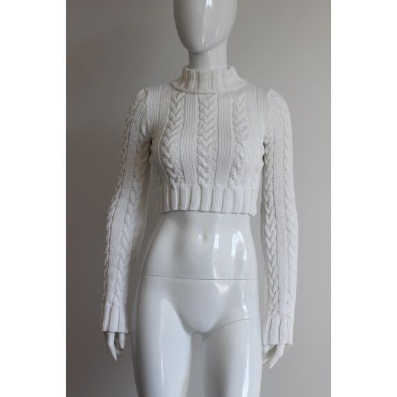 Cropped Cable Knit White Organic Cotton Sweat...