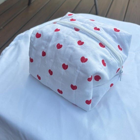 Heart Print Quilted Cosmetic Bag | Handmade M...
