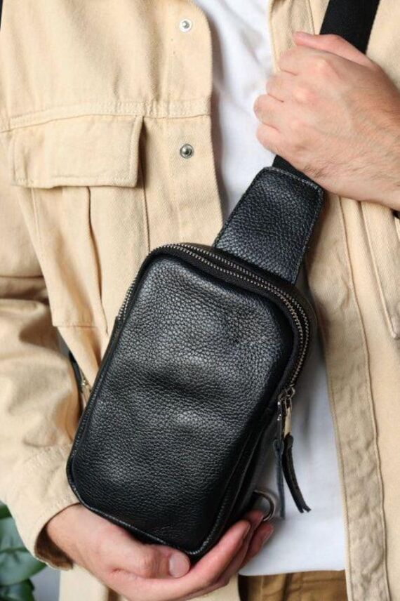 Black Leather Sling Bag: Men's Crossbody Ches...