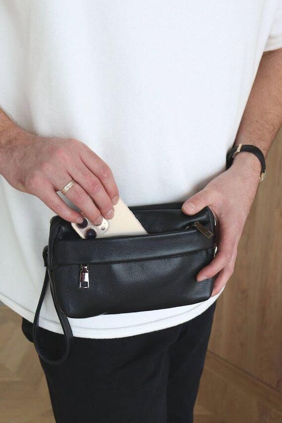 Black Leather Men's Clutch: Everyday Wristlet...