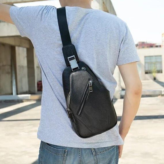 Leather Sling Bag for Men: Black City Shoulde...