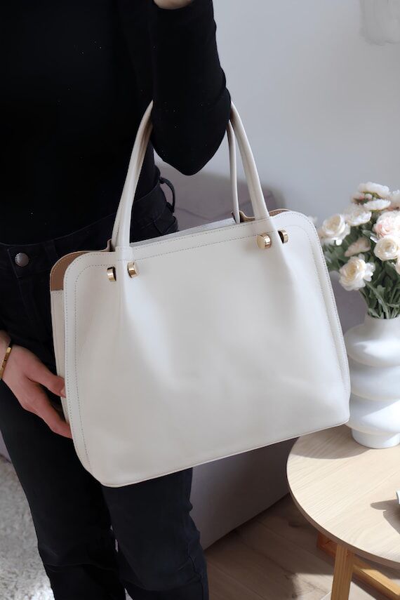 Вeige leather tote bag. Womens laptop bag. P...