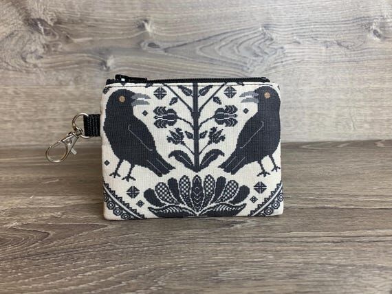 Crow Linen Coin Purse, Raven Zipper Pouch, Fo...