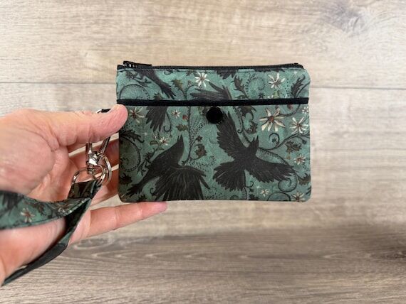 Crow Print ID Wallet, Zipper Pouch with Wrist...