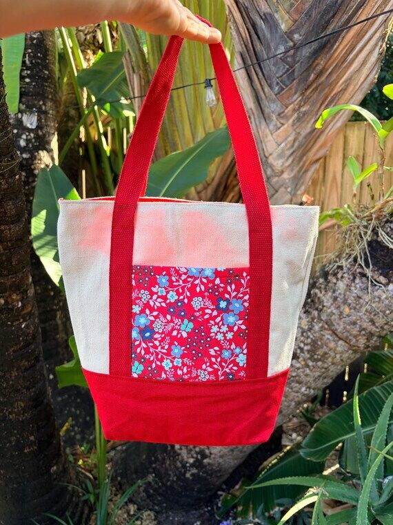 Red Floral Canvas Tote with Front Pocket | Fu...