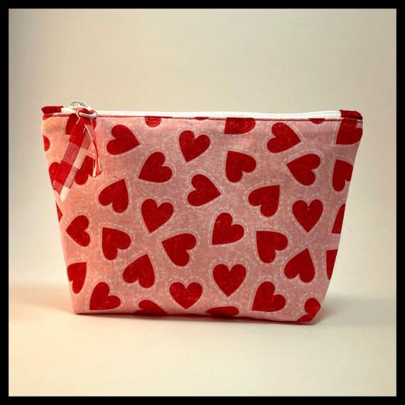 Red Hearts Zipper Pouch: Handmade Lined Cosme...