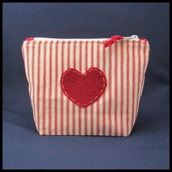Handmade Red Ticking Zipper Pouch For Organiz...