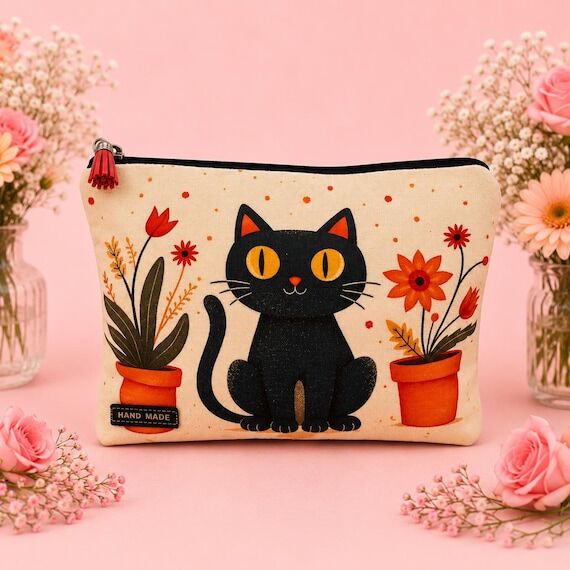 Black Cat Zipper Pouch: Floral Travel Organiz...