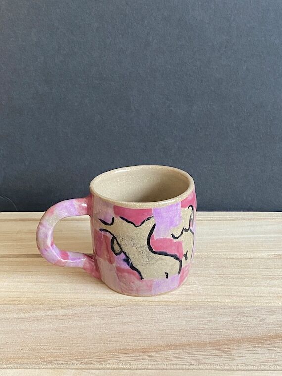 Small Mug - Pink Checkers with Line Drawn Wom...