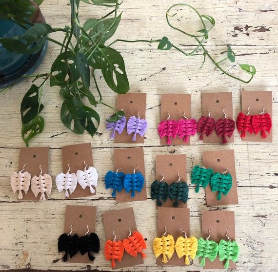Macrame Feather Earrings, 925 Sterling Silver...
