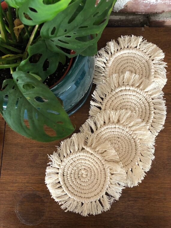 Handmade Macrame Fringe Coasters, Bohemian De...