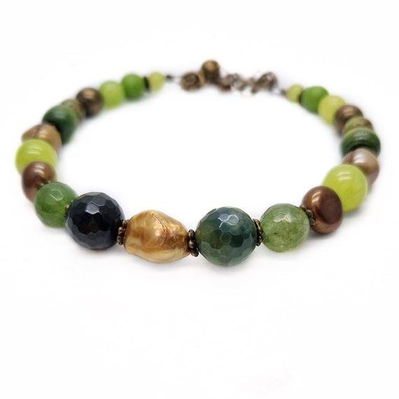 Green agate freshwater pearl beaded bracelet,...