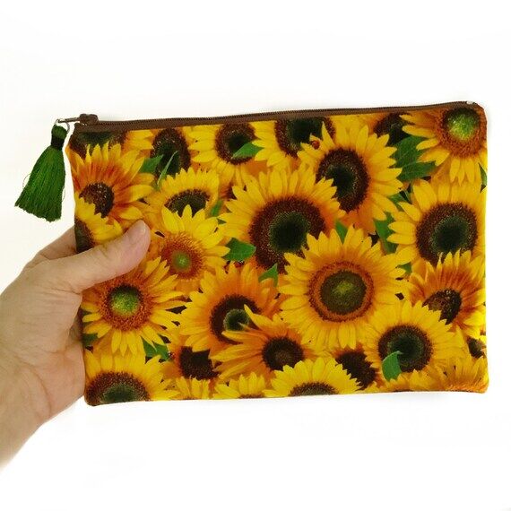 Floral Makeup Bag, Yellow Sunflower Zipper Po...