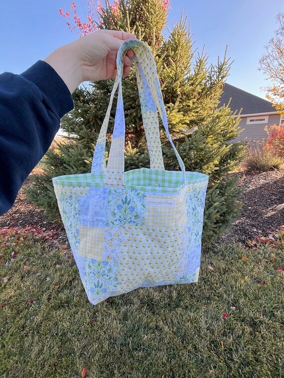 Spring Green Patchwork Mini Tote Bag, Cute Pr...