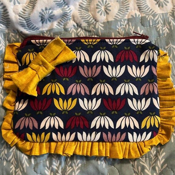 Floral Ruffle Bow Makeup Bag, Handmade Cosmet...