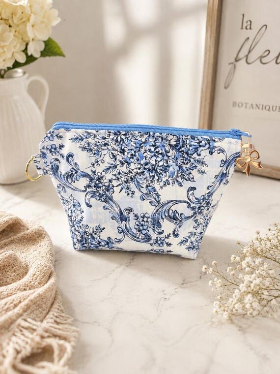 Blue Toile Zipper Pouch, Handmade Cosmetic Ba...