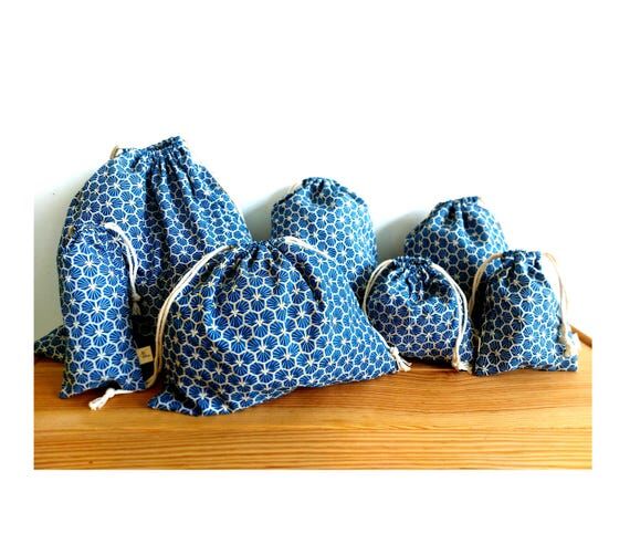 Cotton Drawstring Gift Bag, Navy Blue Geometr...