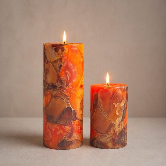 Handmade Marble Pillar Candle Set | Brown & O...