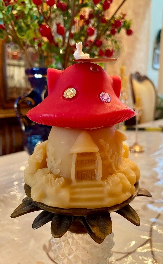 Mushroom House Beeswax Candle: Enchanting Fai...