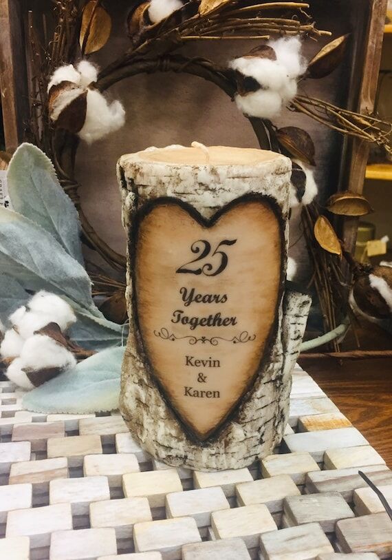 Birch Log Candle Personalized 25th Wedding An...