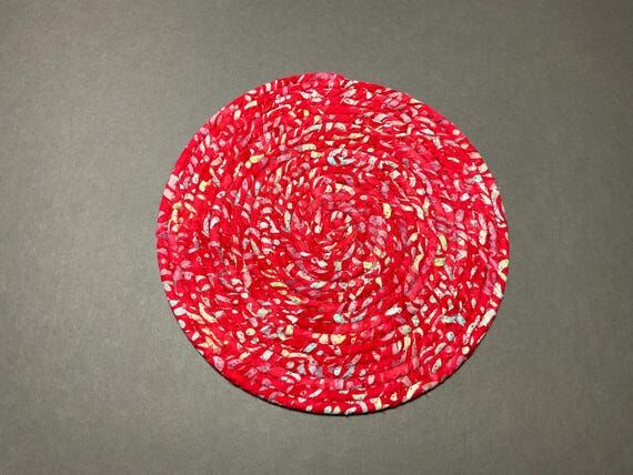 Red Coiled Rope Trivet, Batik Print Fabric Ho...