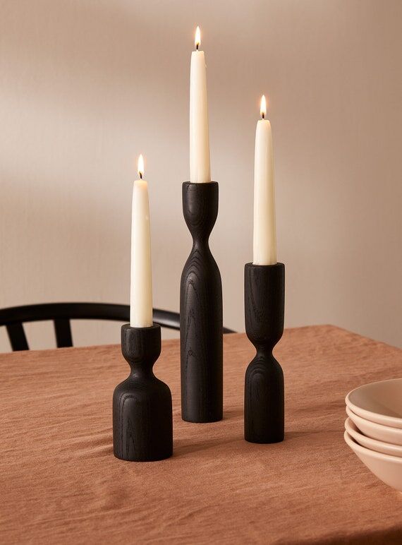 Black Ash Wood Candlestick Set: Scandinavian ...