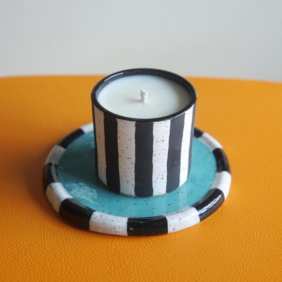 Candle & Saucer Set- Black and White Striped ...