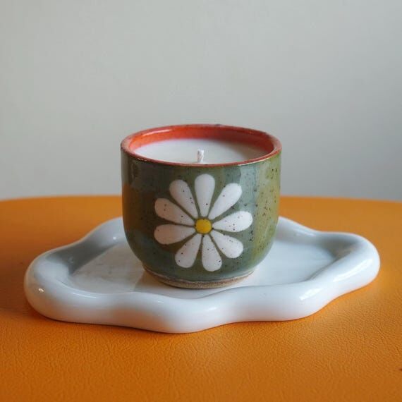 Green Striped Ceramic Candle with Flower - Ha...