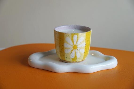 Yellow Striped Ceramic Candle with Flower -Ha...