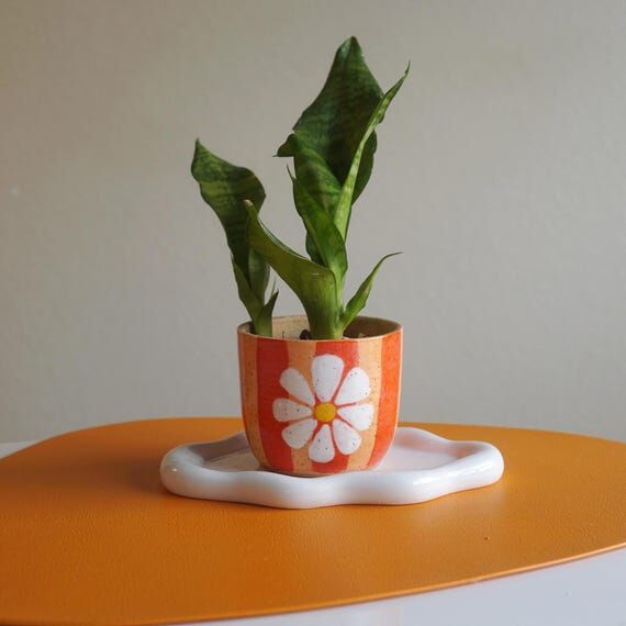 Funky Orange Striped Ceramic Planter with Flo...