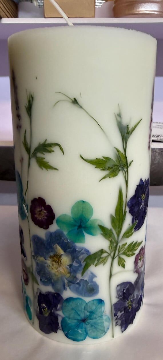 Pressed Flower Pillar Candle: Purple, Blue & ...