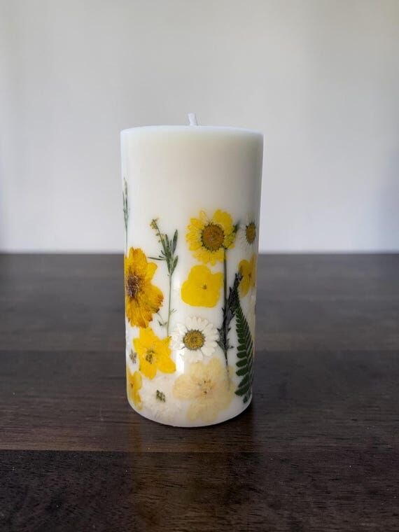 Yellow Pressed Flower Pillar Candle: Handmade...