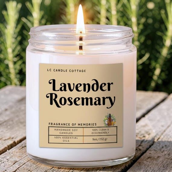 Hand Poured Lavender Rosemary Soy Candle: Nat...