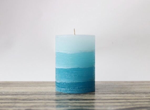 Rustic Teal Blue UNScented Layered Pillar Can...