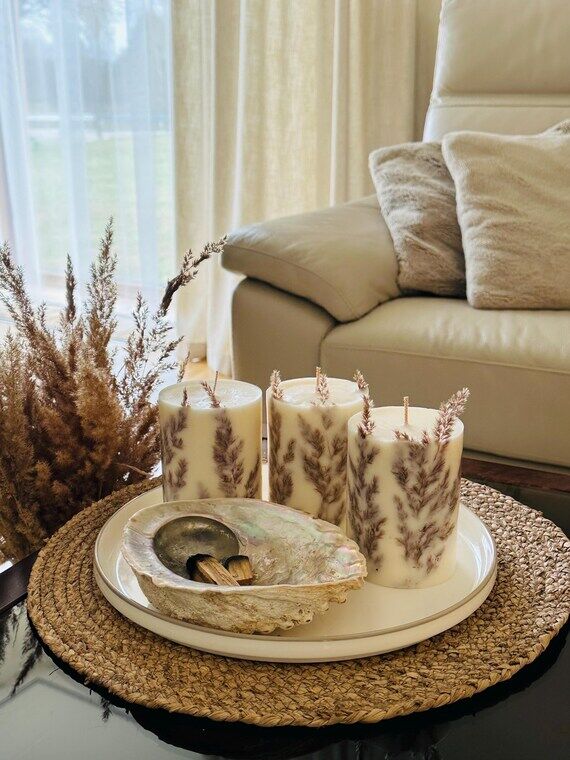 Japandi Style Handmade Candles with Dried Gra...