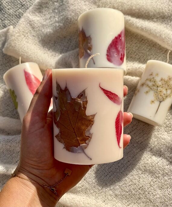 Handmade Autumn Leaves Soy Wax Pillar Candle,...