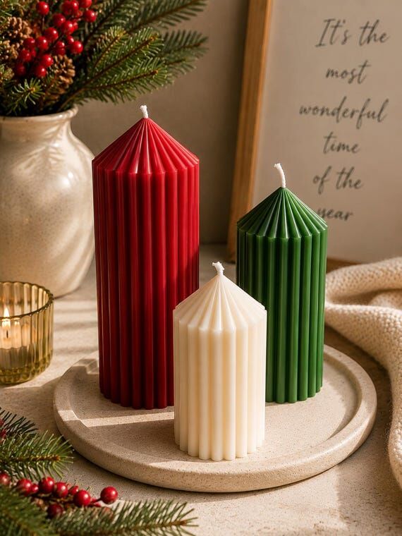 Handmade Ribbed Pillar Candle, Soy Beeswax Bl...