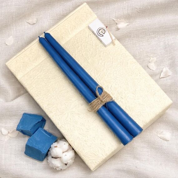 2 BLUE NATURAL BEESWAX Taper Handmade Dinner ...